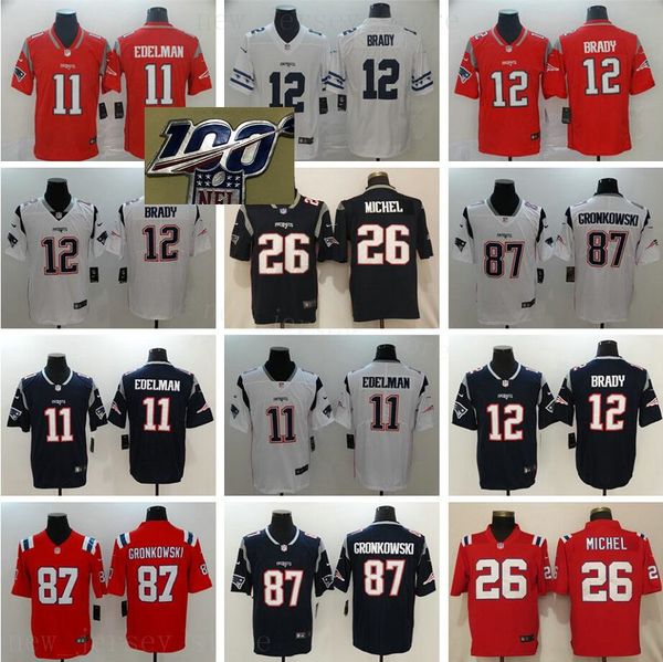 

100th newenglandpatriotsfootball jerseys stitched 12 tombrady 11 julianedelman 87 robgronkowski 26 sonymichel 100th anniversary patch, Black;yellow