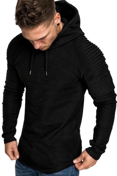 

men autumn european and american men's plain cap hoodie slim striped pleated shoulder sleeve hoodie thin and light men's wear, Black