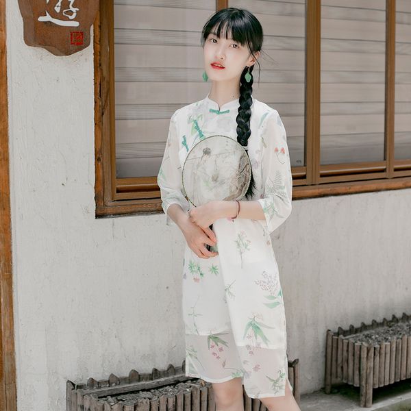 

spring autumn new printing national wind handmade plate buttons chinese cheongsam dress was thin retro seven sleeve, Red