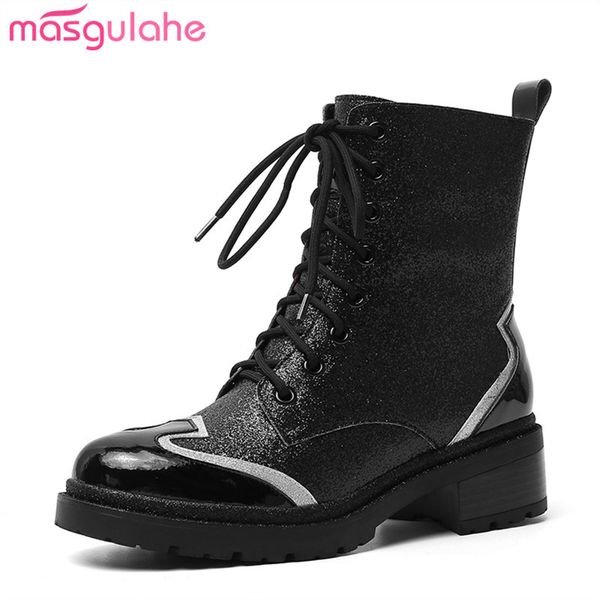 

masgulahe 2020 autumn winter new fashion lace up prevail riding boots wholesale shoes genuine leather boots women ankle, Black