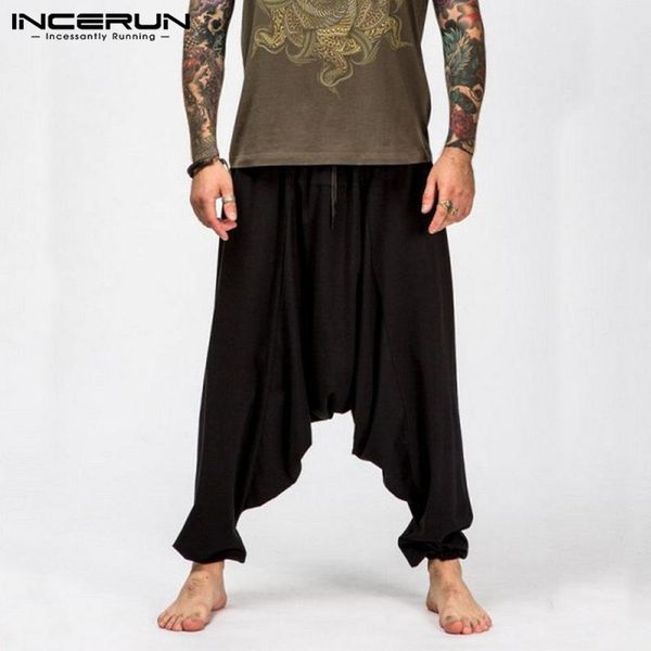 

incerun mens harem pants pockets joggers 2019 streetwear hip-hop drawstring drop crotch cross-pants solid fashion trousers men, Black