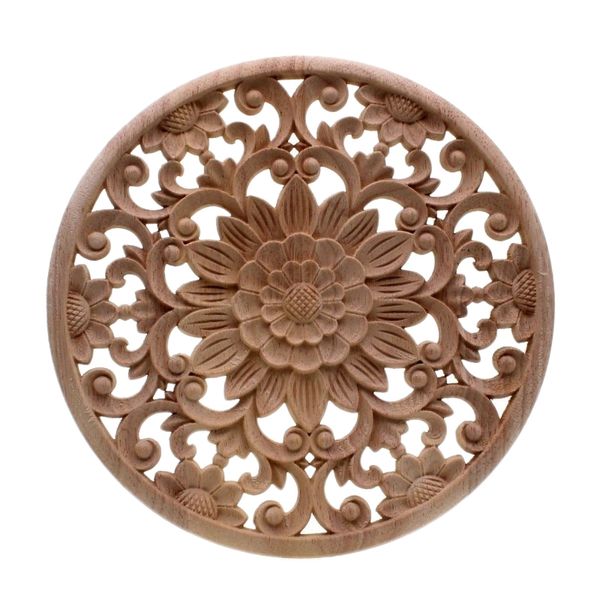 

carved flower carving round wood appliques for furniture cabinet unpainted wooden mouldings decal decorative figurine15x15x2cm