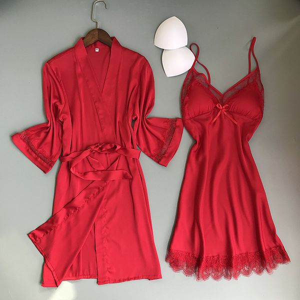 

lace twinset robe set stain silky women 2pcs sleepwear nightwear solid female nighty&robe set casual twinset robe, Black;red