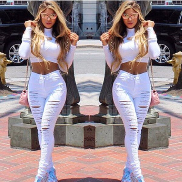 

women destroyed ripped denim jeans high waist stretch jeans skinny hole pants slim pencil trousers black white blue