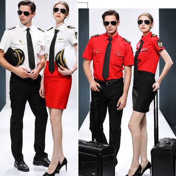 

airline captain stewardess standard suits student uniform l ktv bar waiter workwear occupation cosplay short sleeve summer clothing, White