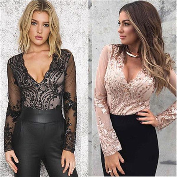 

women style long sleeve sequin perspective gauze bodysuit ladies lace up playsuit jumpsuit 2 colors fashion, Black;white