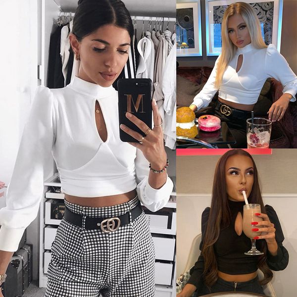 

мода с длинным рукавом растениеводство топ сплошной цвет футболки женские повседневные стенд воротник тонкий топ, White