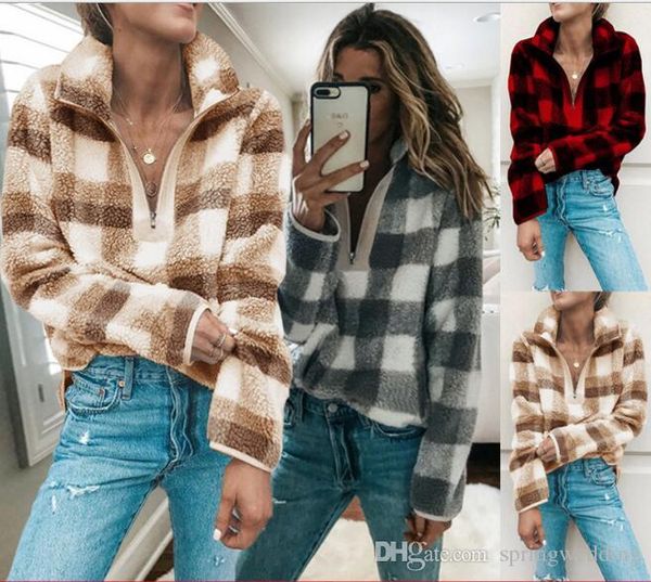 

теплой фланель осень зима plaid женщина повседневной толстовки мода zipper шея длинные рукава толстовка топы fs5164, Black