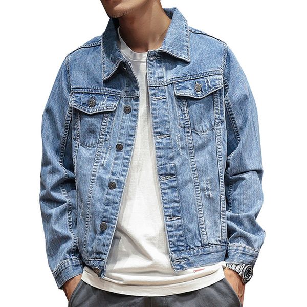 

distressed blue denim jacket men autumn ripped jeans coat male slim fit casual coats solid simple plus size 3xl quality, Black;brown