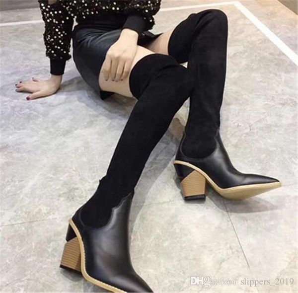 

womens socks boots 24 inch over the knee boots knitted elastic suede fashion brand thigh high mid heel winter boots 2019 with box, Black