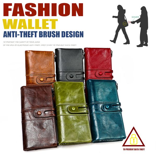 genuine leather long fold over clutch wallets rfid blocking zipper purses credit card holder banknote pocket coin pouches cowhide wallets, Red;black