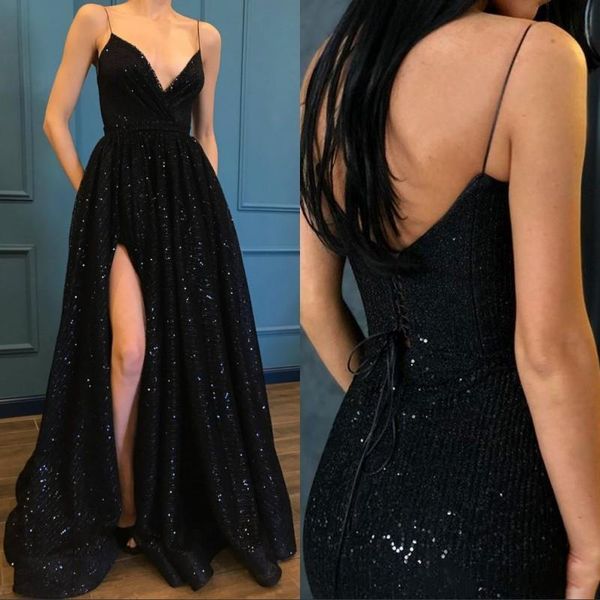 

sparkly glitter sequins prom dresses long 2021 side high slit spaghetti straps evening gown plus size corset cocktail party dress, Black