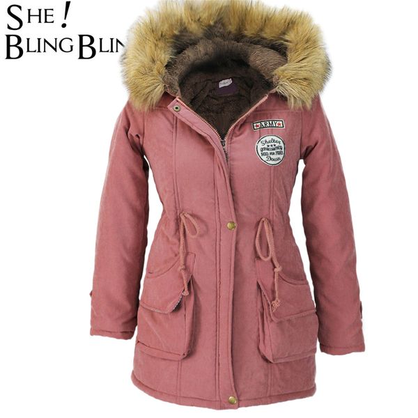 

sheblingbling women fashion parkas winter jackets coats faux fur hooded collar casual long parkas cotton wadded laidies overcoat, Tan;black