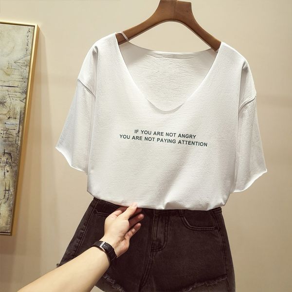

2020 black cotton coat t-shirt short sleeve t-shirt ins women's fashion loose v-neck clavicle half sleeve top, White