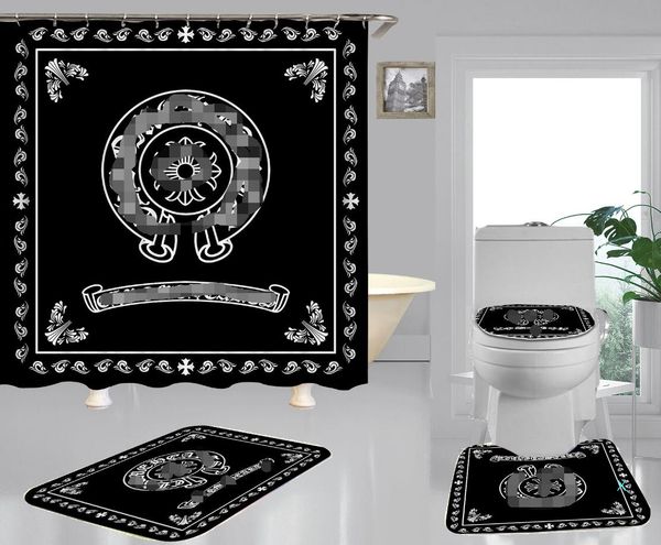 

cross shape toilet seat cover no-slip letter print fashion pattern bathroom set black shower curtain for bathroom decor01