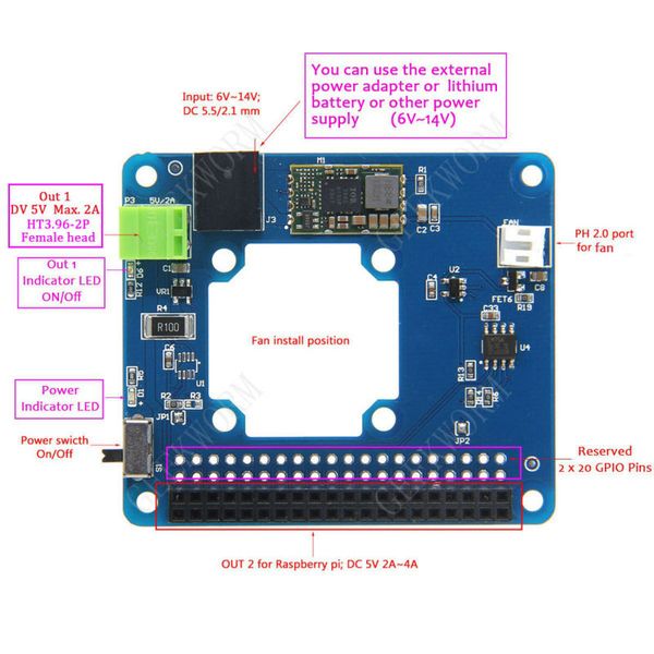Freeshipping Raspberry Pi 3 Modelo B + (Plus) / 3B programável inteligente ventilador de controle de temperatura + placa de poder | entrada 6V ~ 14V | DC 5V máx. 4A Out
