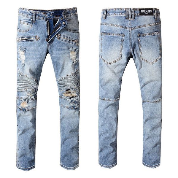 

designer jeans fashion men's streetwear style jeans men's distressed ripped denim pants casual classic straight denim brand mens s, Blue