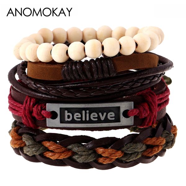 

4 pcs / set european american trendy couple vintage кожаные браслеты браслеты punk стиль ручной плетеный канат ремешок браслет, Golden;silver