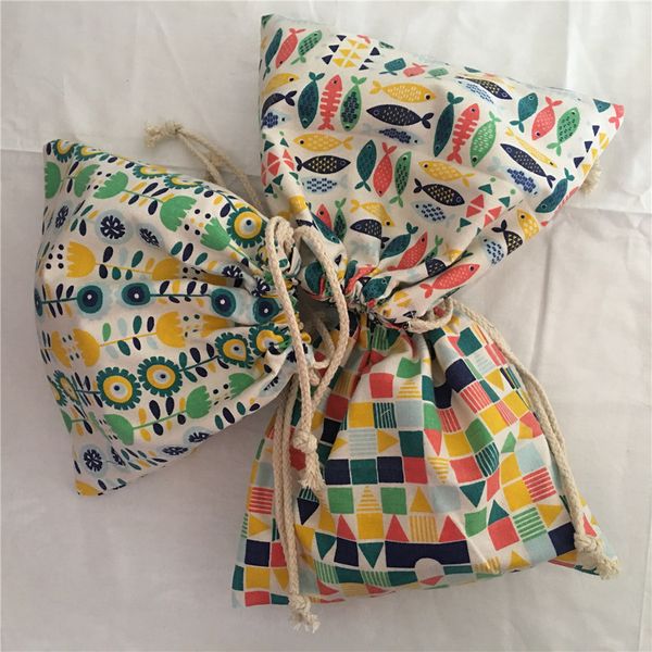 

yile 1pc 22x20cm cotton drawstring bag multi-purpose organizer pouch party gift bag fish flower square 190111f