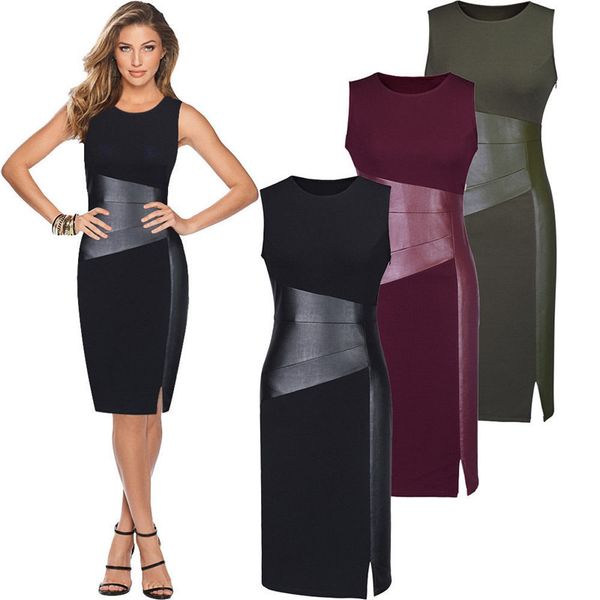 

pu leather women dress bandage sleeveless evening party dress twill patchwork high waist women split package hip dres, Black;gray