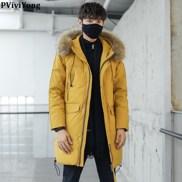 

pviviyong 2019 korea winter hooded white duck down jacket , fur collar slim warm parka men coat qt709/929, Black