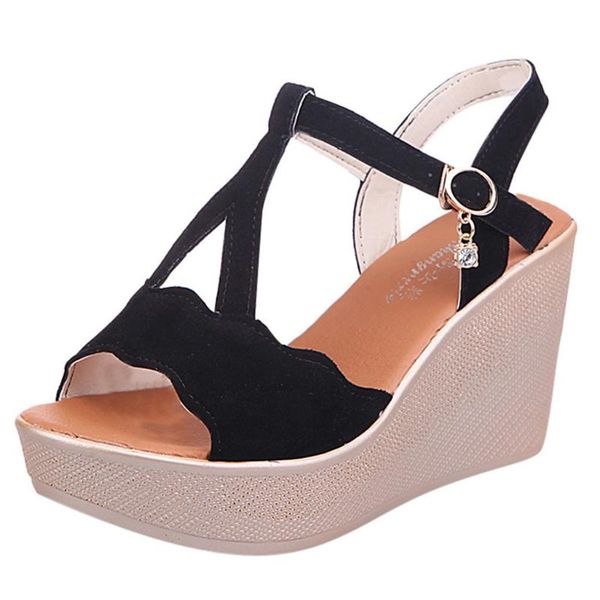

jaycosin sandals women solid color female shoes open toe breathable beach sandals rome buckle strap wedges flat office, Black