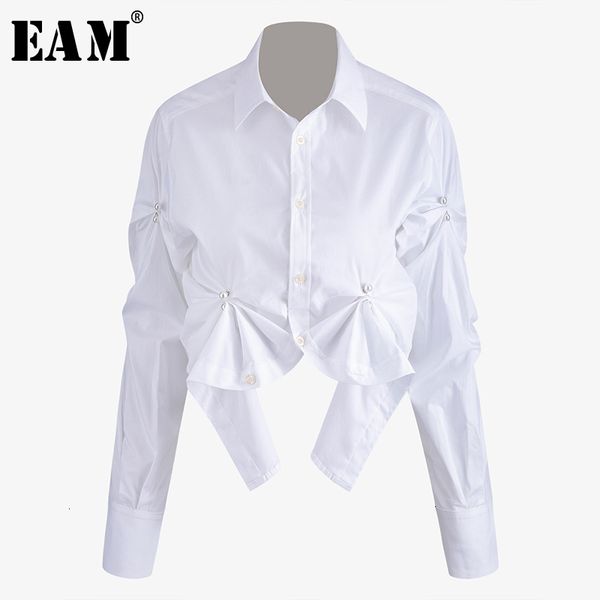 

eam] women white asymmetrical pleated blouse new lapel long sleeve loose fit shirt fashion tide spring autumn 2020 1n0620