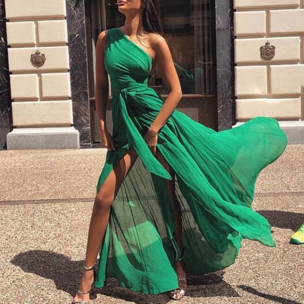 

2018 summer new fashion women colorful stylish eleparty dress eye-catching one shoulder tie waist high slit maxi dress, White;black