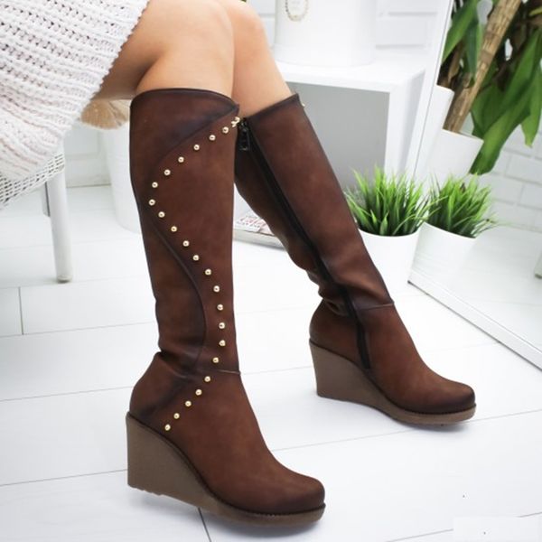 

women boots women fashion knee-high boots thick med heels shoes woman slip-on ladies causal plus size, Black