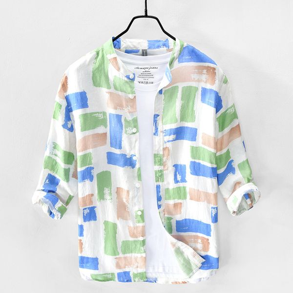 

100%pure linen print shirt man casual three quarter sleeve 2020 new fashion loose men's clothing y2942, White;black