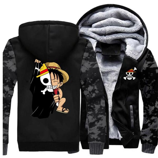

one piece luffy jackets men hoodies sweatshirt men zipper winter thick fleece warm coat jackets sportswear camouflage streetwear, Black