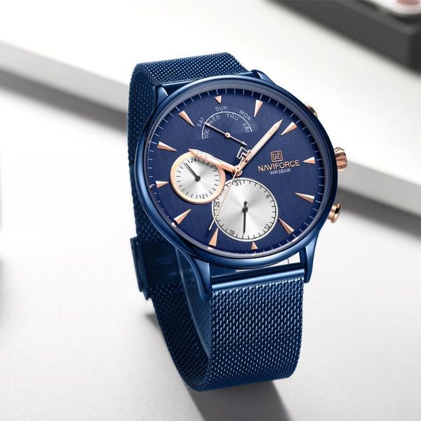 

naviforce watch mens casual clock sport quartz watches mesh steel waterproof blue clock wristwatch male relogio masculino, Slivery;brown