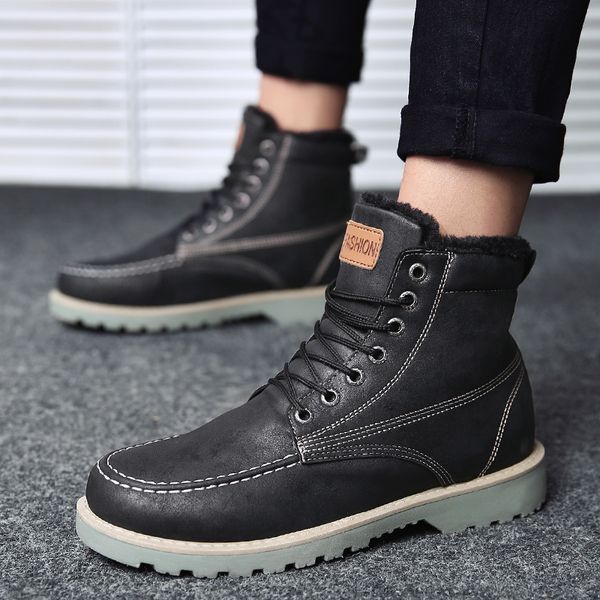 

keep warm men thick fluff winter boots leather casual boots working boots, Black