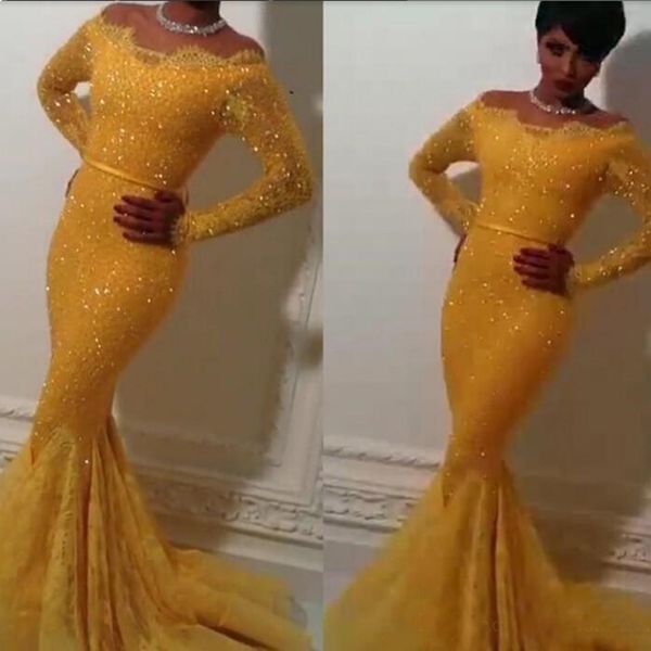 

Sparkly Mermaid Evening Dresses 2019 Long Sleeve Off Shoulder Lace Formal Prom Party Gowns Plus Size Special Occasion Dresses