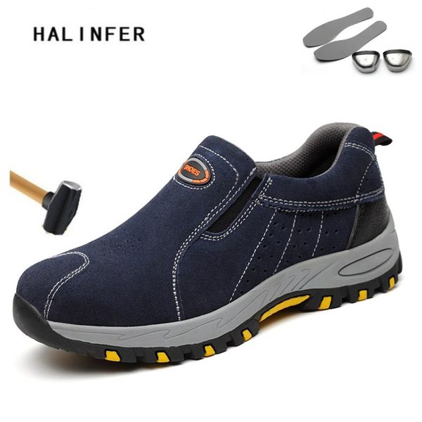 

halinfer men steel toe safety work shoes 2018 winter autumn men leather ankle boots breathable slip on boots puncture proof, Black