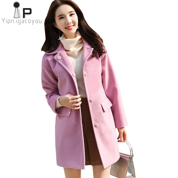Outono longo casaco de lã mulheres rosa jaqueta coreano plus size manga longa inverno mistura de lã casaco de lã 2019 moda sobretudo de senhoras