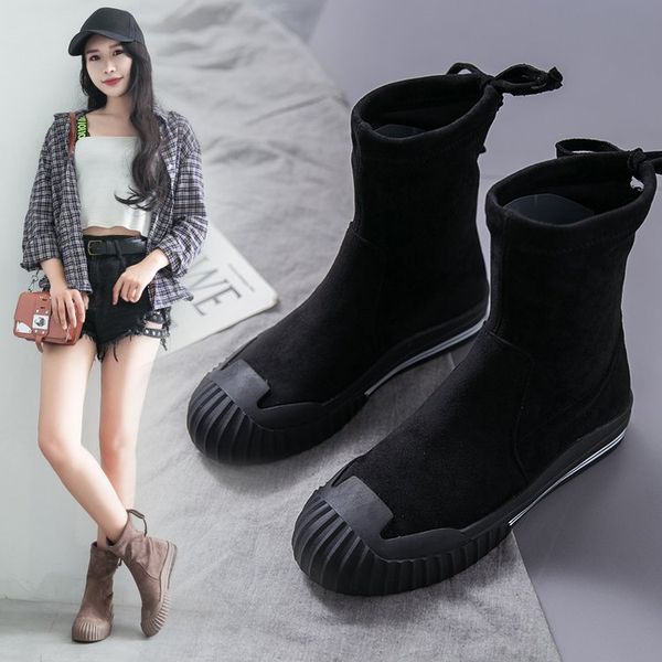 

2020 new boots female korean students thick platform women's short boots flat elastic, Black