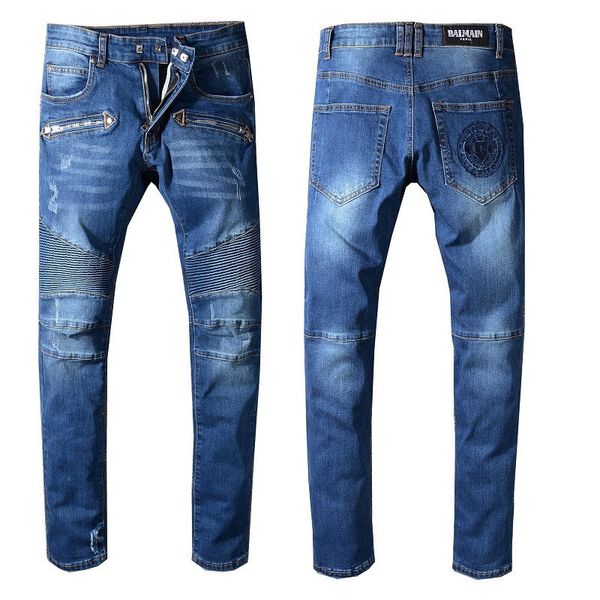 

brand new mens jeans distressed ripped biker designer jeans slim fit motorcycle biker luxury denim jeans 2019 fashion designer pants, Blue