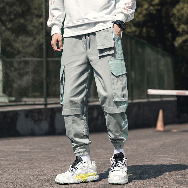 

harajuku western style vintage cotton cargo pants men multi-pockets hip hop streetwear casual male ankle-length harem pants, Black