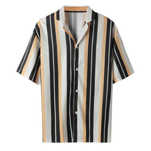 

striped mens shirts summer casual loose button short sleeved lapel neck shirts stylish style mens shirts, White;black