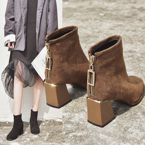 

low heels booties shoes stiletto boots lace up round toe booties ladies high heel mid calf fashion chunky mid-ca, Black