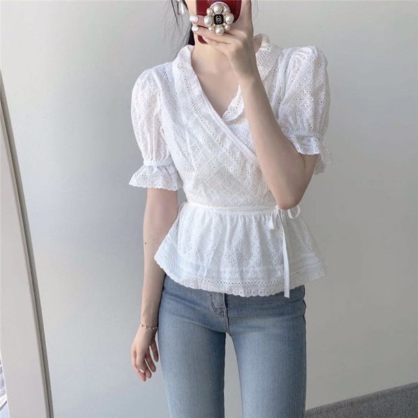 

alien kitty white short sleeves slim fashion patchwork lace shirts 2020 elegant women minimalist high waist sweet chic blouses