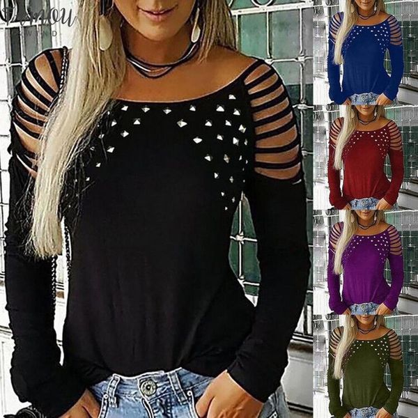 

new t shirt women plus size female clothing fashion casual crew neck hollow out studded women long sleeve t shirt, White