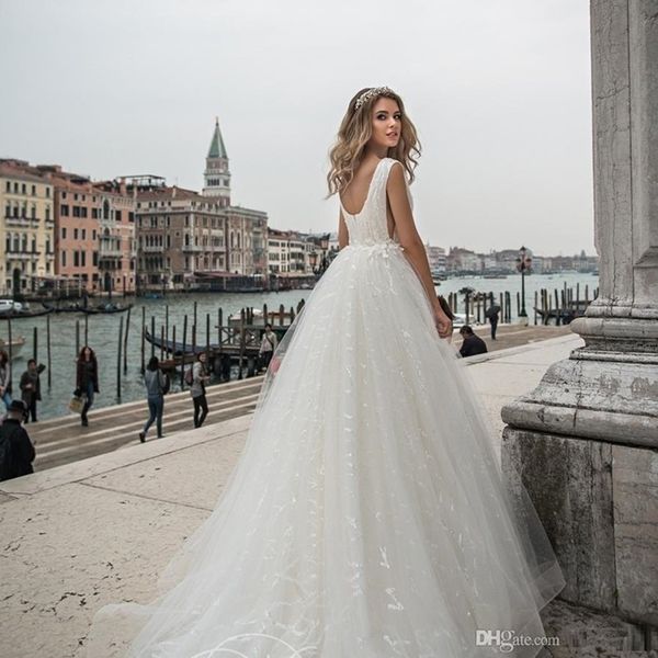 

a line wedding dress side cut low v-neck sequin appliques long tulle white sleeveless bridal gowns court train