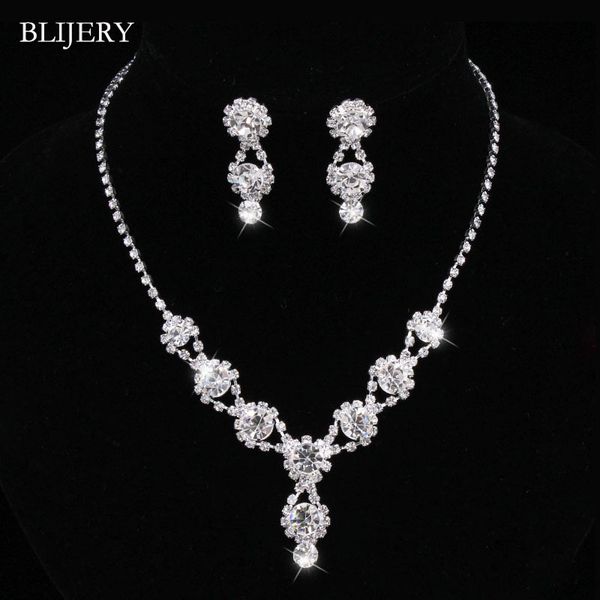 

blijery fashion rhinestone crystal drop wedding necklace+earrings set silver color bridal jewelry sets women dress accessories, Slivery;golden