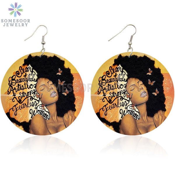 

somesoor beautiful afro natural hair wooden drop earrings strong inspiring black sayings both sides printed for women gifts, Silver