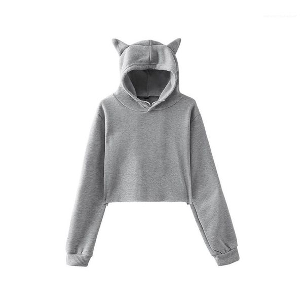 

clothing fashion cat ears bare navel short casual hooded sweatshirts womens spring designer hoodies fleece pure color, Black