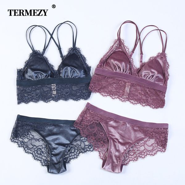 

termezy 2019 new fashion women velvet bra set underwear broad-brimmed lace brassiere wireless lingerie soft trim bralette set, Red;black