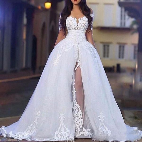 

элегантный белый с плеча свадебные платья кружева аппликация sexy high side a линия платье развертки поезд свадебное платье партии платье де, White