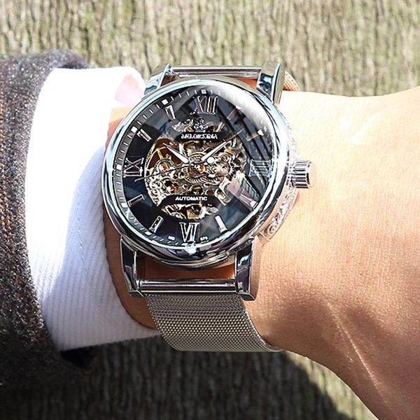 

новая мода автоматическая спортивные мужские часы top brand luxury скелет механические часы мужчины бизнес наручные часы часы vrouwen, Slivery;brown